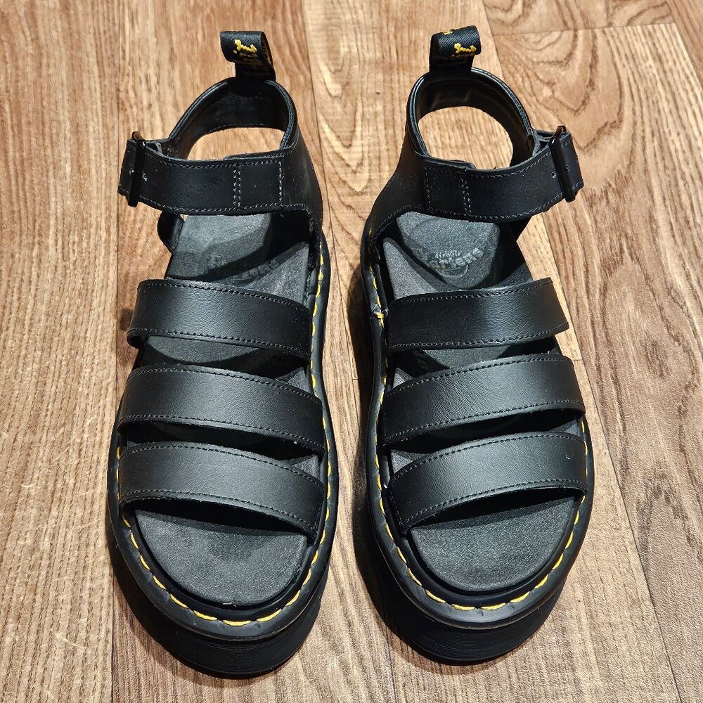 Original Platform Dr. Martens Black Leather Sandals with Yellow Stitching